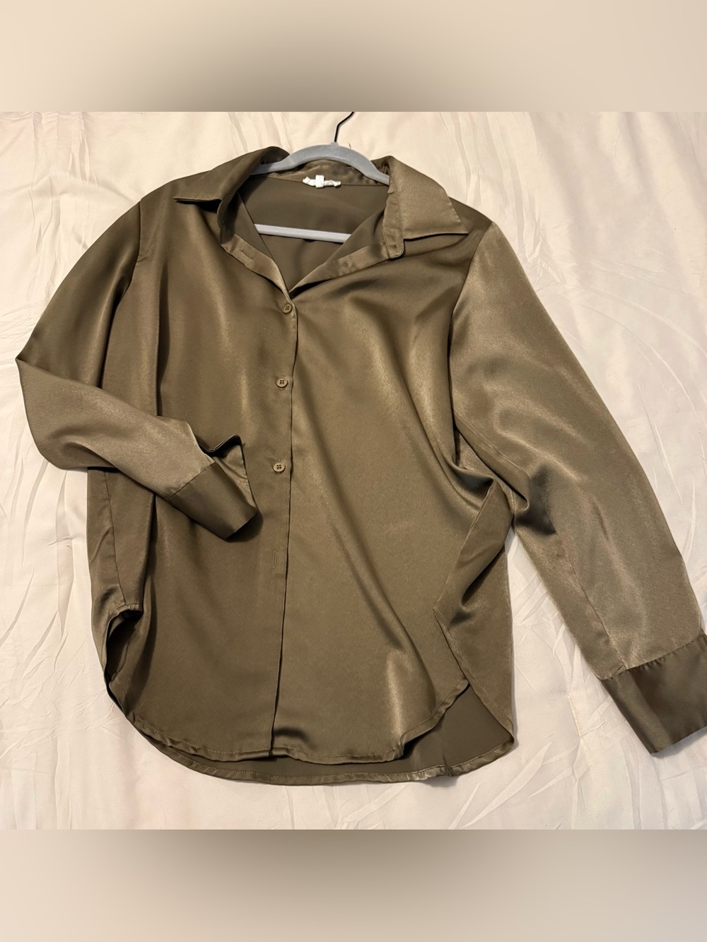 Satin Button-Down Blouse in Olive